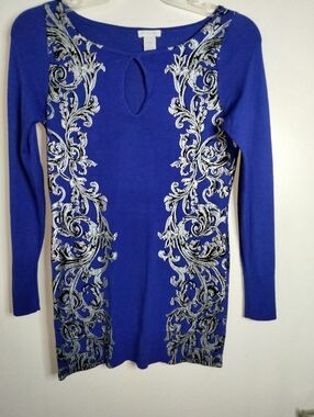 Cache (Size M) Royal Blue & Silver Scroll Pattern Keyhole LS Stretch Knit Tunic
